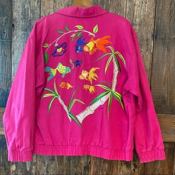 I.B. Diffusion Sz 8 Fuschia Pink Heavy Embroidered Koi Fish Vintage Jacket - Picture 3 of 12